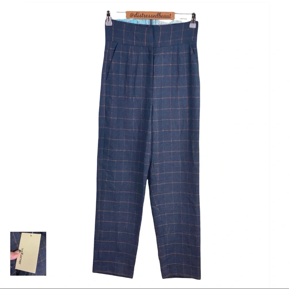The Korner NWT Navy Plaid Straight Leg High Waisted Pants